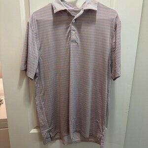 Southern Tide men's striped performance polo shirt in orange and blue